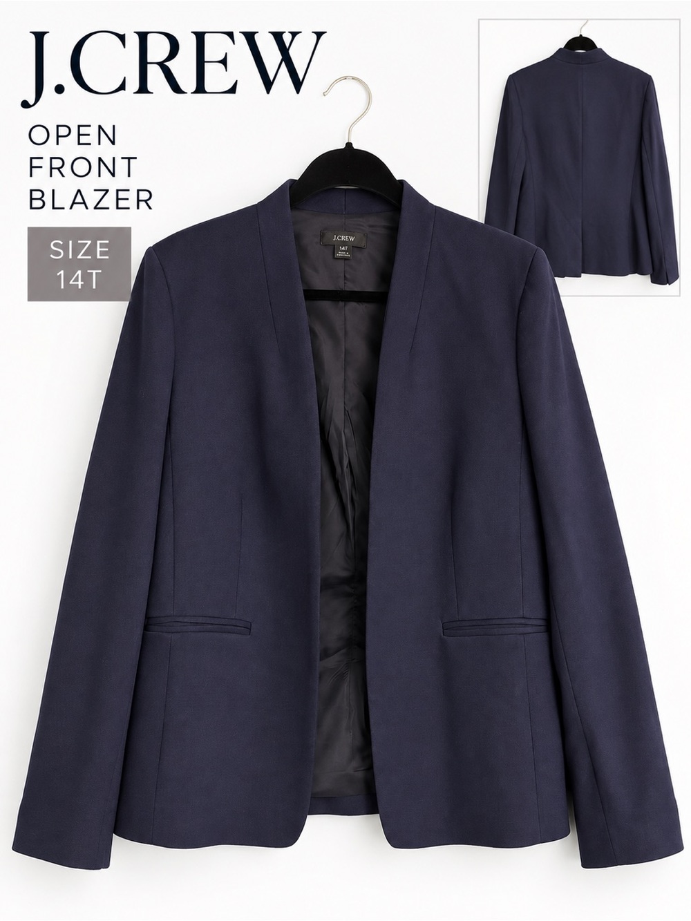 J. Crew Navy Blue Open Front Blazer Size 14T Tall Stretch Career Jacket